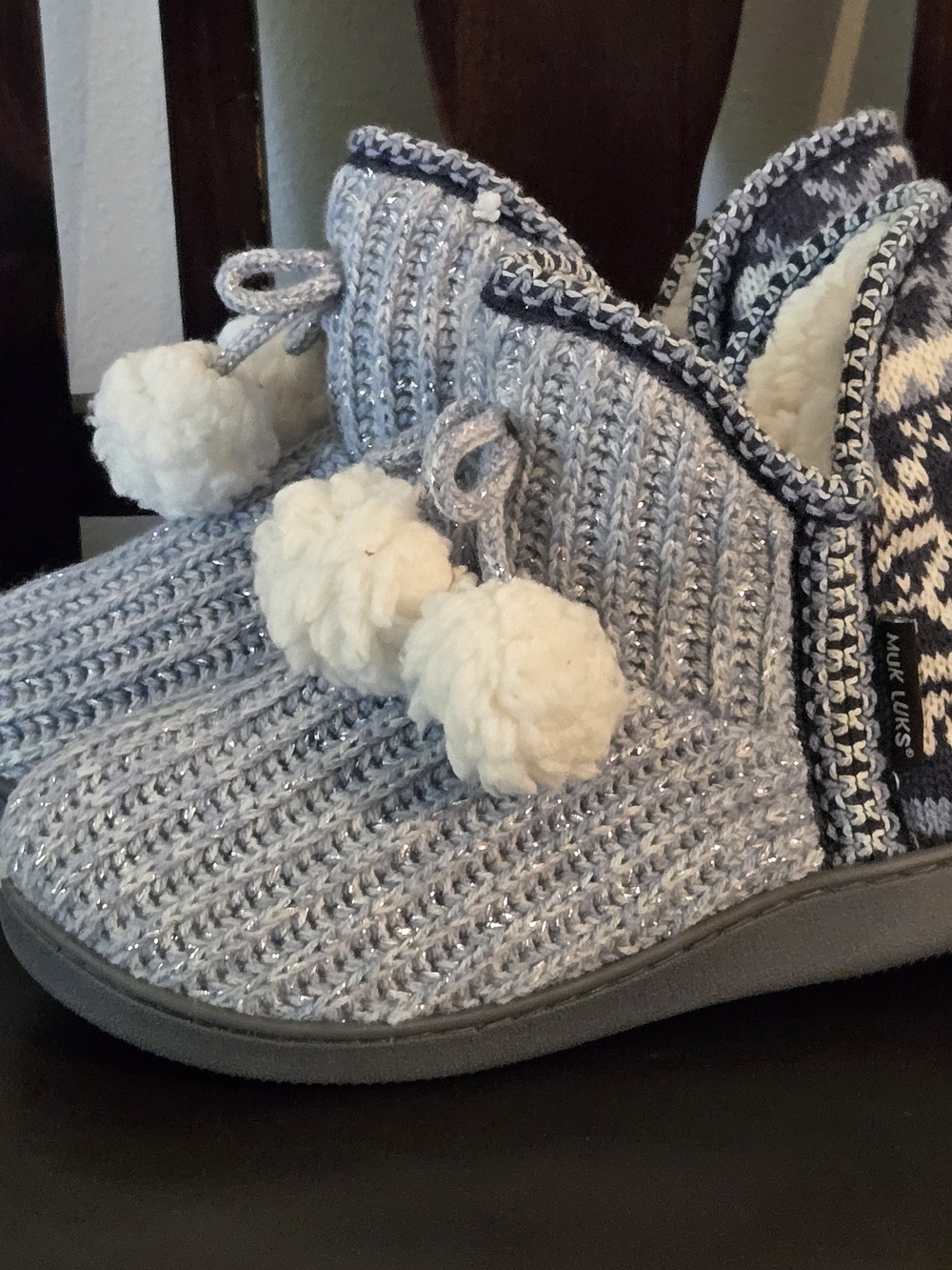 Muk Luks Women's Gray Knit Pom-Pom Slipper Boots